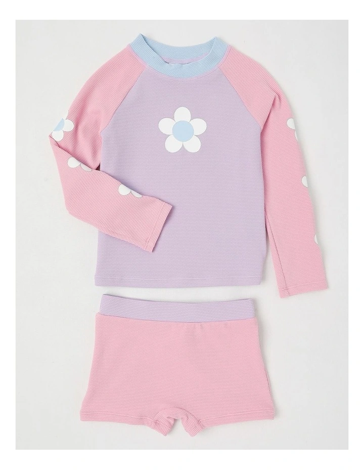 Long Sleeve Rash Vest And Shortie Set in Daisy/Lilac & Pink Splice image 1