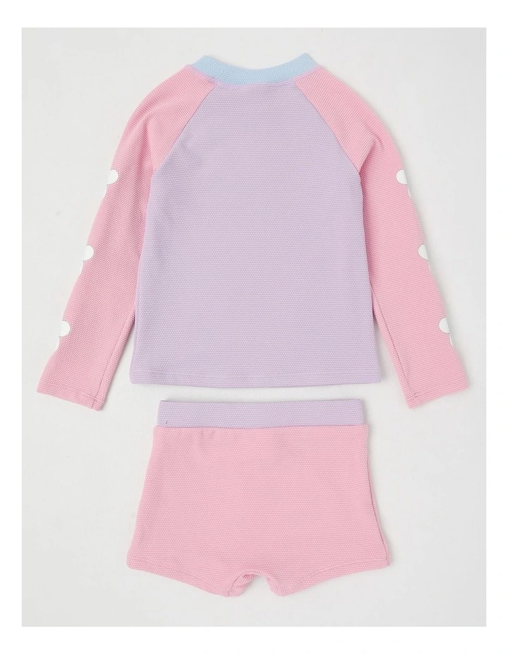 Long Sleeve Rash Vest And Shortie Set in Daisy/Lilac & Pink Splice image 3