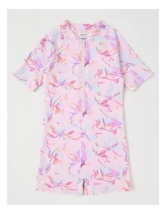 One Piece Rashsuit With Zip Front in Floral in Light Pink