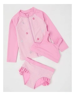 3 Piece Long Sleeve Zip Front Rashvest with Crop & Bikini Set in Daisy Ticking Stripe/Pink
