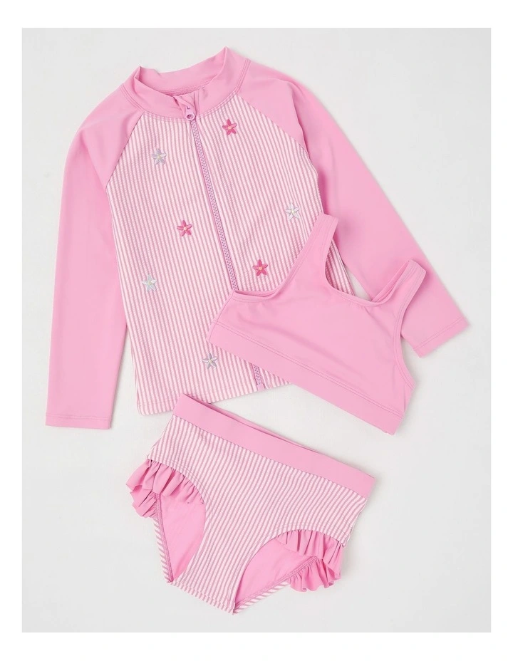 3 Piece Long Sleeve Zip Front Rashvest with Crop & Bikini Set in Daisy Ticking Stripe/Pink image 1