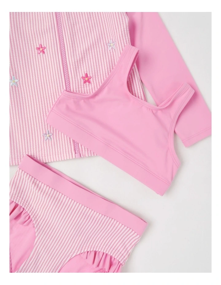 3 Piece Long Sleeve Zip Front Rashvest with Crop & Bikini Set in Daisy Ticking Stripe/Pink image 2