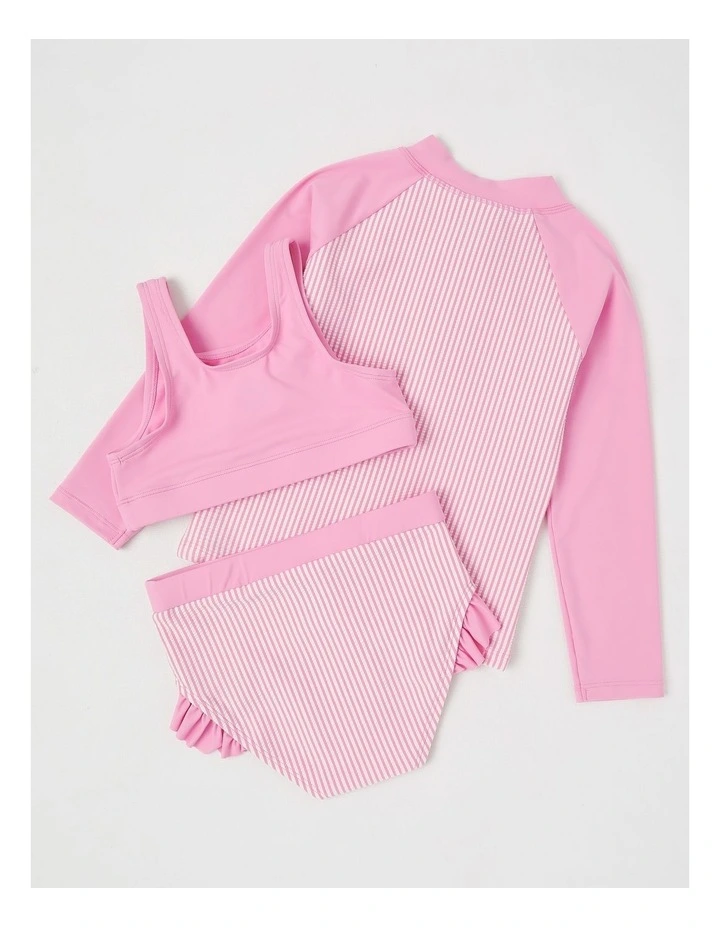 3 Piece Long Sleeve Zip Front Rashvest with Crop & Bikini Set in Daisy Ticking Stripe/Pink image 3