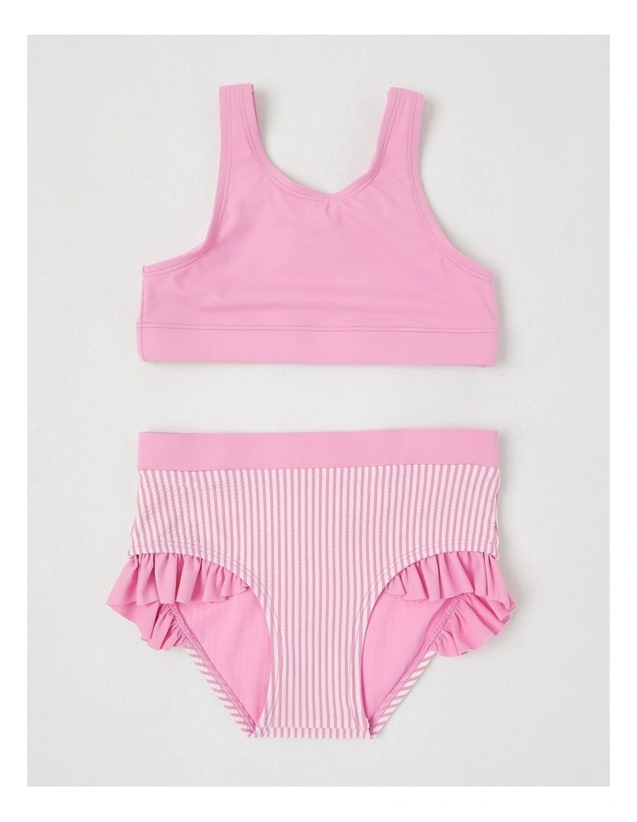 3 Piece Long Sleeve Zip Front Rashvest with Crop & Bikini Set in Daisy Ticking Stripe/Pink image 4