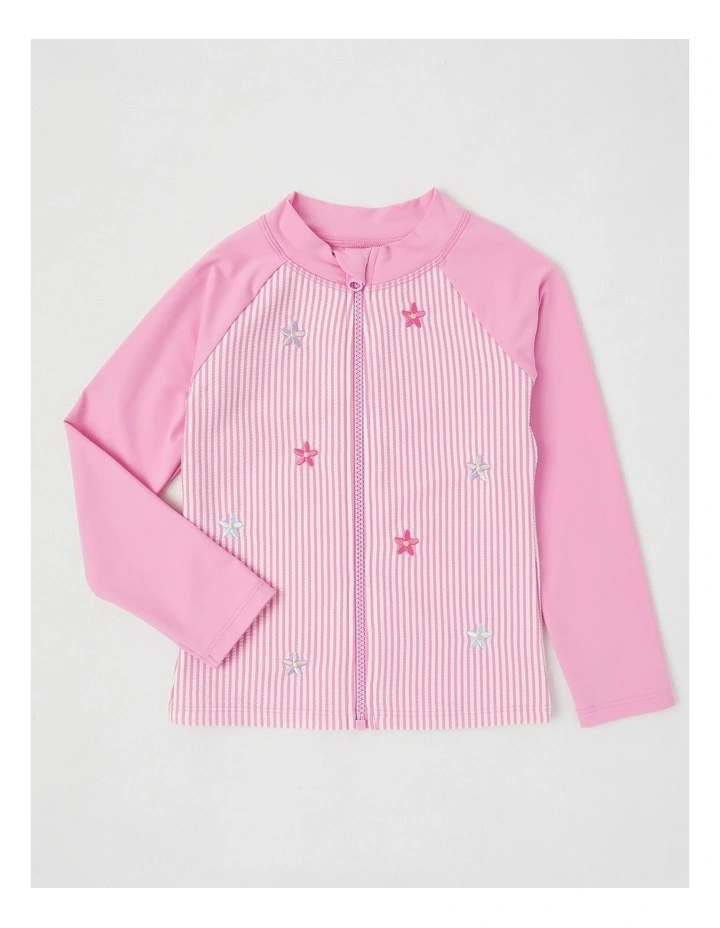 3 Piece Long Sleeve Zip Front Rashvest with Crop & Bikini Set in Daisy Ticking Stripe/Pink image 5