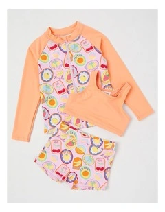 3 Piece Long Sleeve Zip Front Rashvest with Crop & Short Set in Tropical Fruit Stamps/ Peach