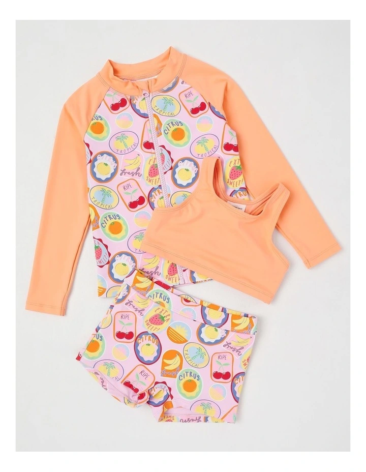 3 Piece Long Sleeve Zip Front Rashvest with Crop & Short Set in Tropical Fruit Stamps/ Peach image 1