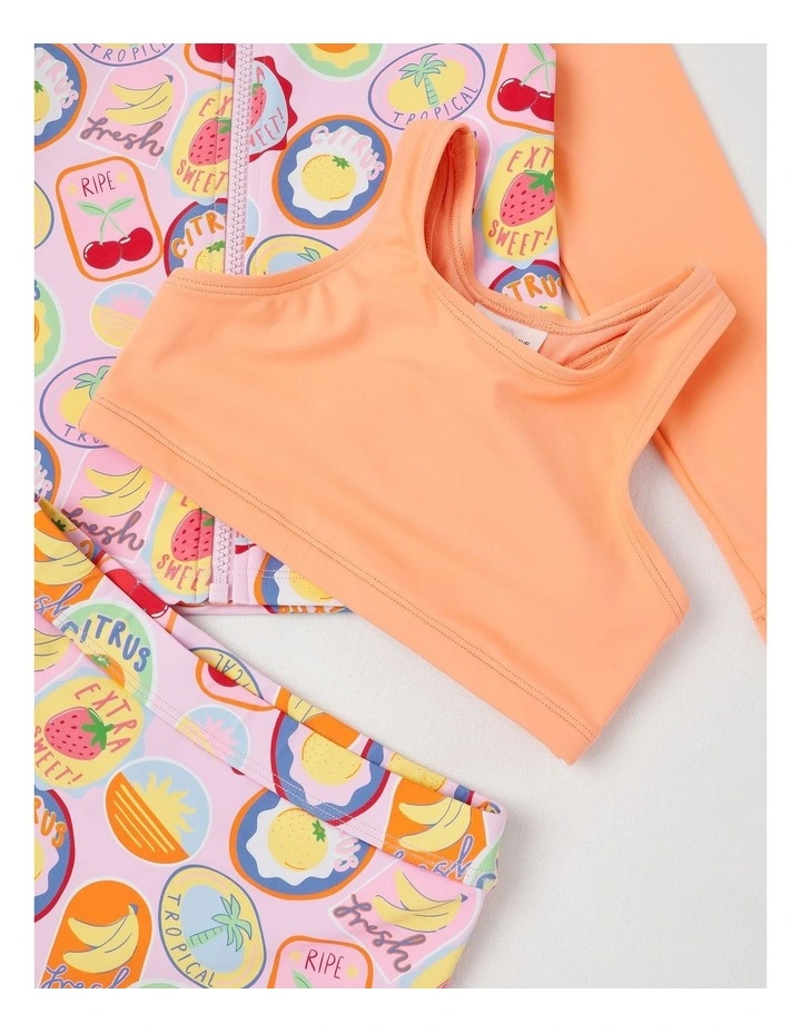 3 Piece Long Sleeve Zip Front Rashvest with Crop & Short Set in Tropical Fruit Stamps/ Peach image 2