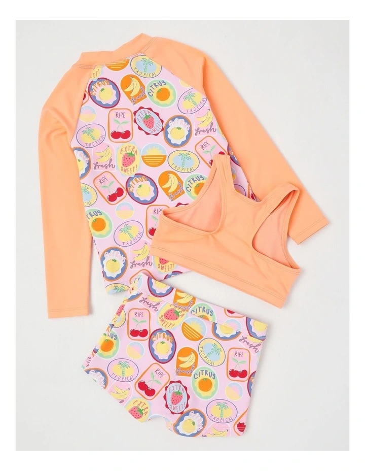3 Piece Long Sleeve Zip Front Rashvest with Crop & Short Set in Tropical Fruit Stamps/ Peach image 3