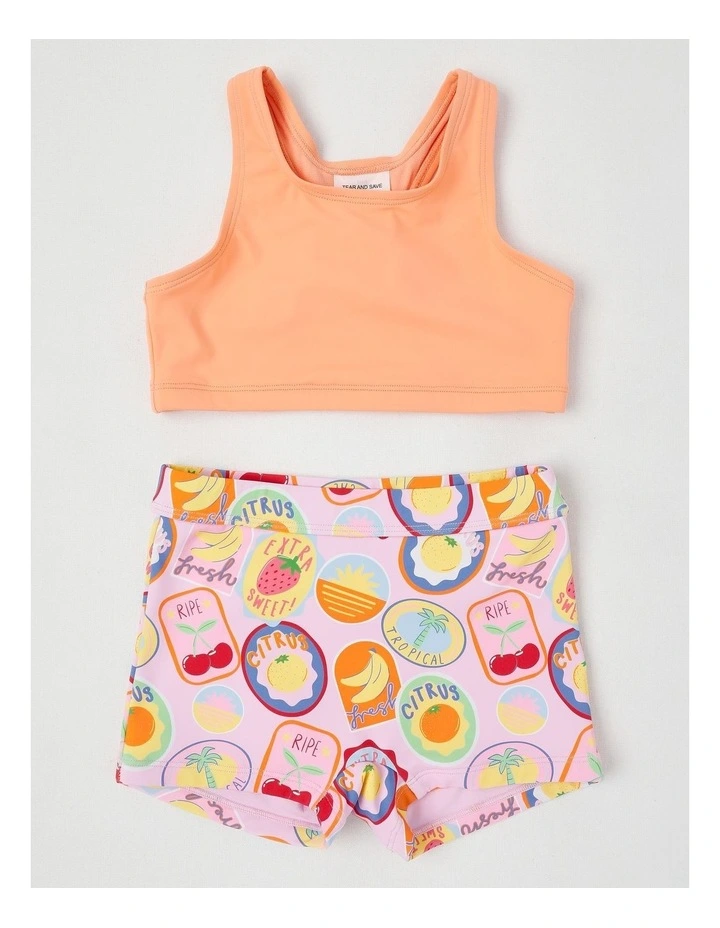 3 Piece Long Sleeve Zip Front Rashvest with Crop & Short Set in Tropical Fruit Stamps/ Peach image 4