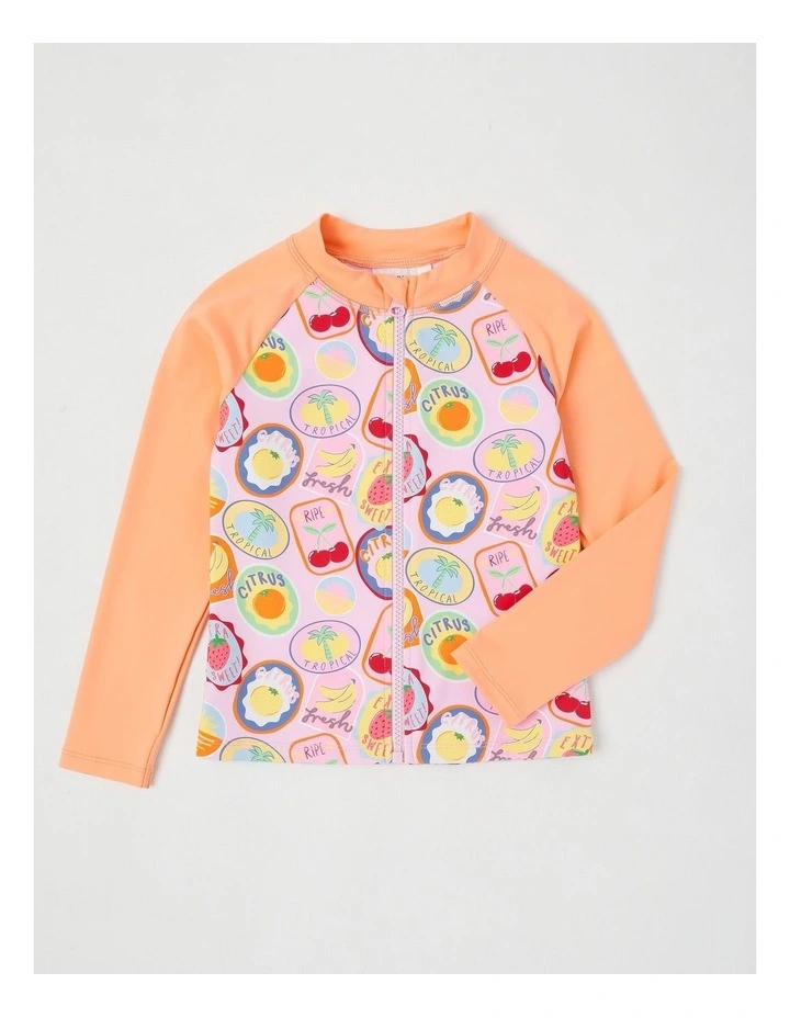 3 Piece Long Sleeve Zip Front Rashvest with Crop & Short Set in Tropical Fruit Stamps/ Peach image 5