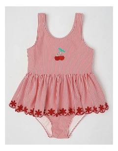 One Piece Peplum Swimsuit With Embroidery in Cherries/Red Stripe