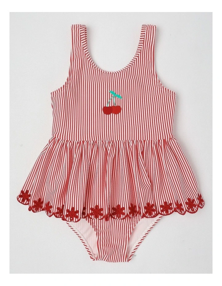 One Piece Peplum Swimsuit With Embroidery in Cherries/Red Stripe image 1