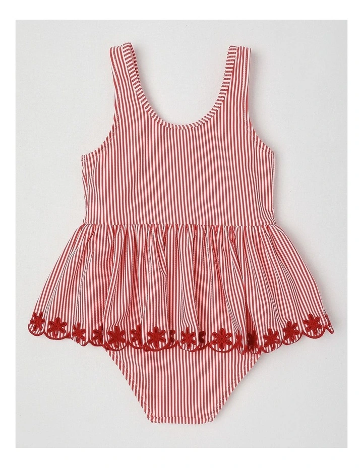 One Piece Peplum Swimsuit With Embroidery in Cherries/Red Stripe image 3