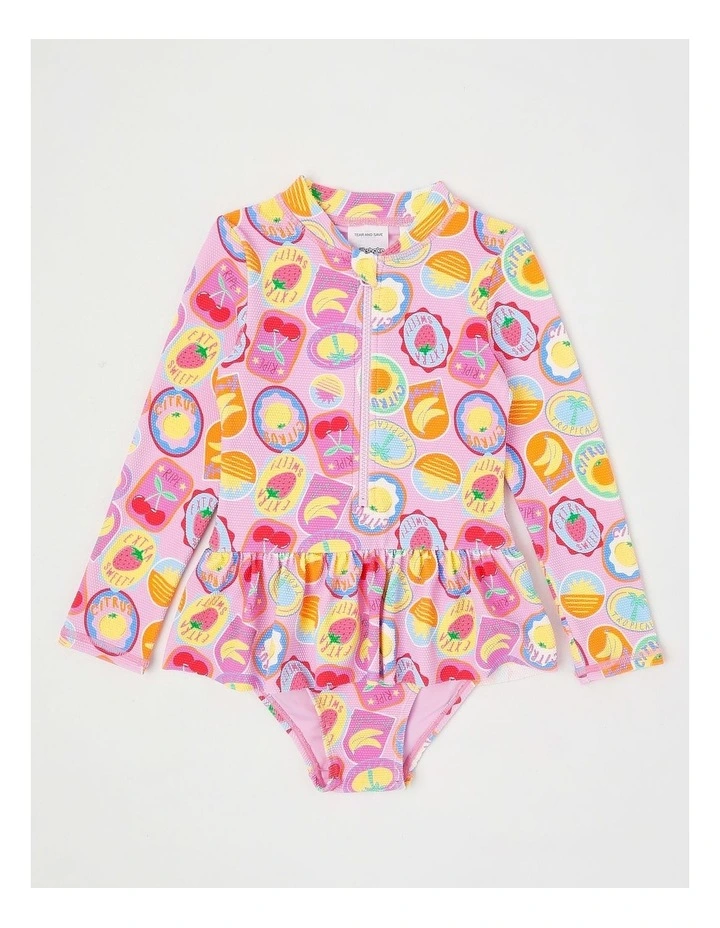 Long Sleeve Zip Front One Piece Peplum Swimsuit in Tropical Fruit Stamps/Pink image 1