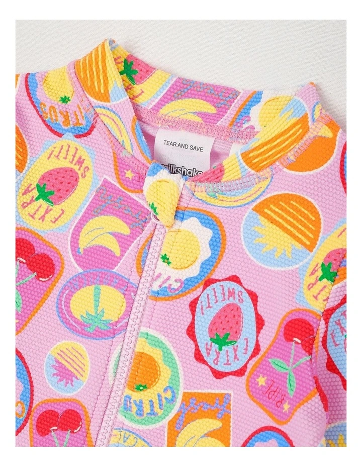 Long Sleeve Zip Front One Piece Peplum Swimsuit in Tropical Fruit Stamps/Pink image 2