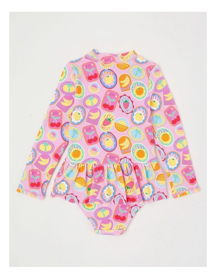 Long Sleeve Zip Front One Piece Peplum Swimsuit in Tropical Fruit Stamps/Pink image 3