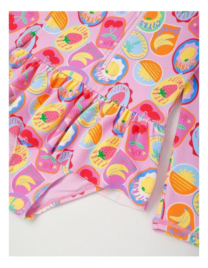 Long Sleeve Zip Front One Piece Peplum Swimsuit in Tropical Fruit Stamps/Pink image 4