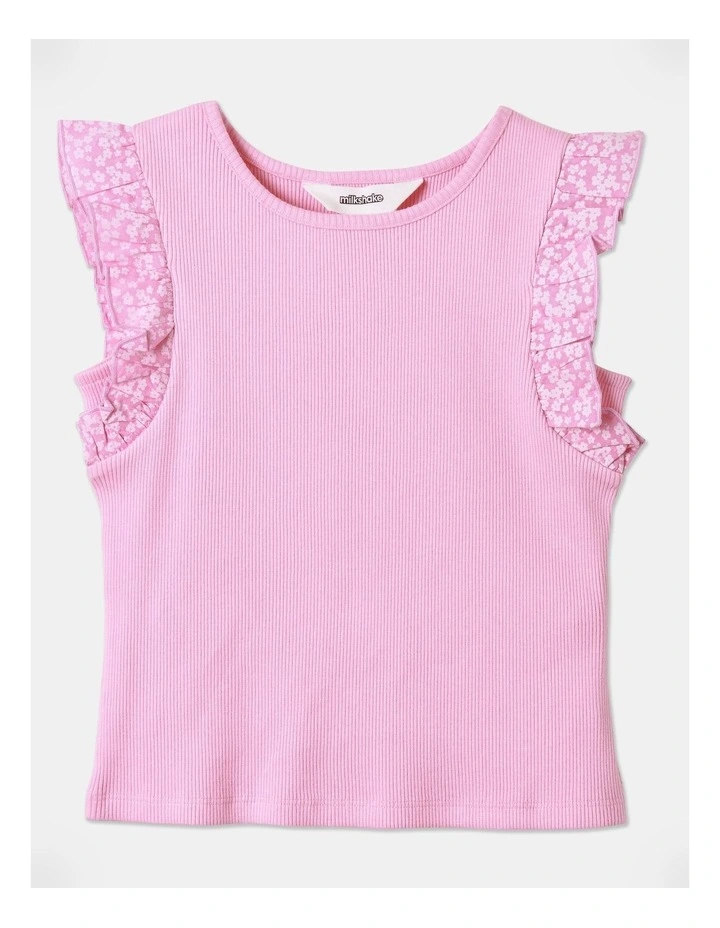 Rib Knit Frill Shoulder Jersey in Pink image 1
