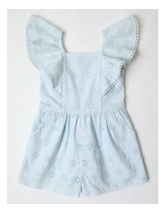 Flounce Sleeve Broiderie Playsuit in Blue