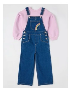 Denim Dungeree with Embroidery in Mid Denim