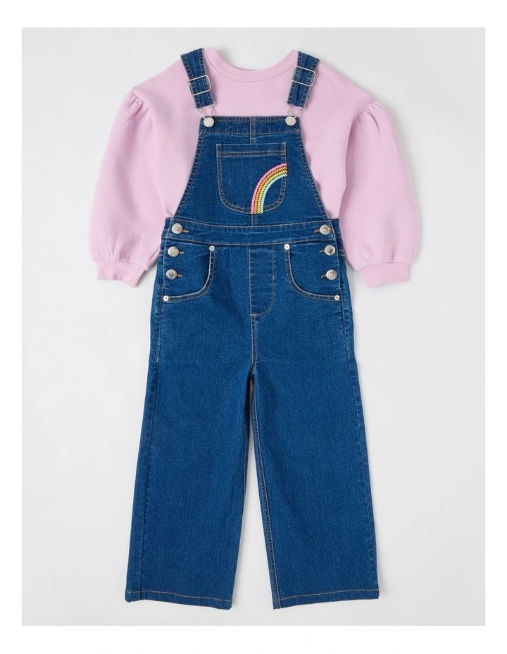 Denim Dungeree with Embroidery in Mid Denim image 1