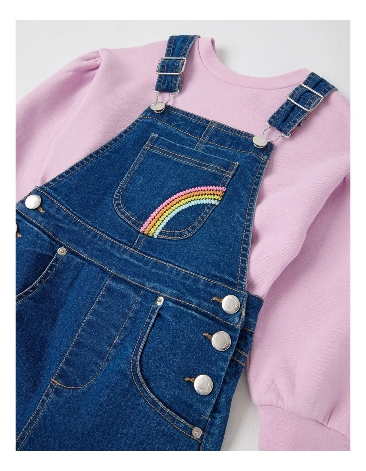 Denim Dungeree with Embroidery in Mid Denim image 2