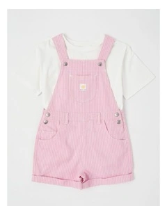 Dungeree Shorts With Badge Pocket & Tee in White/ Pink Ticking Stripe