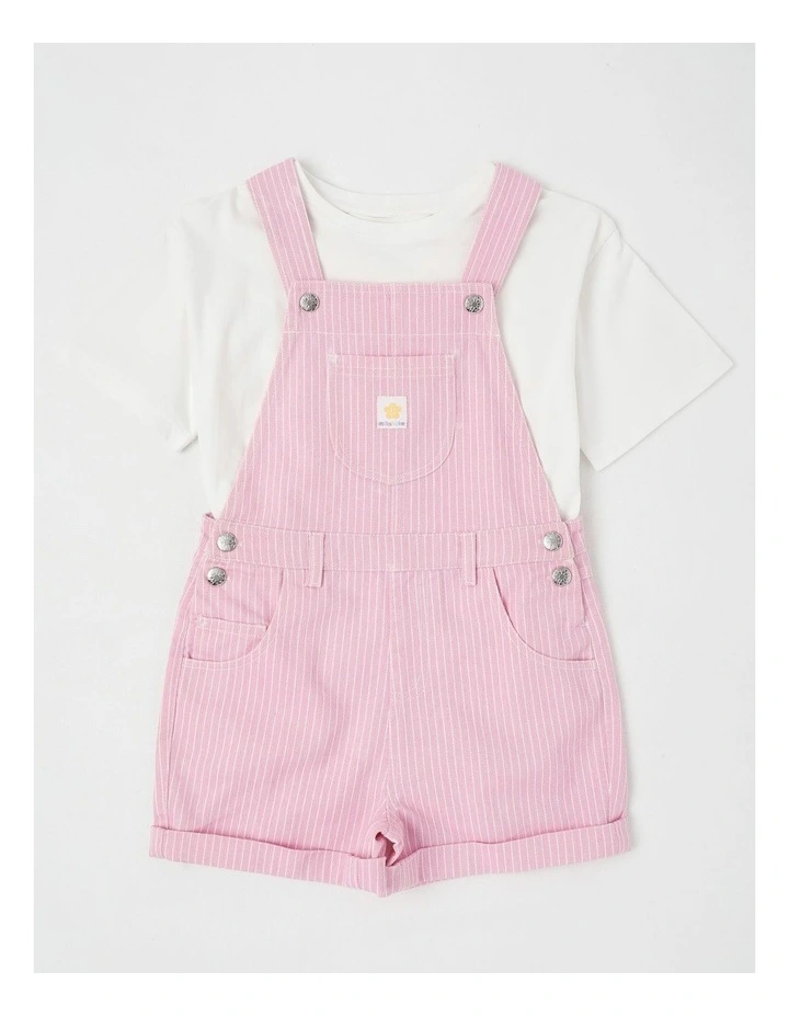 Dungeree Shorts With Badge Pocket & Tee in White/ Pink Ticking Stripe image 1