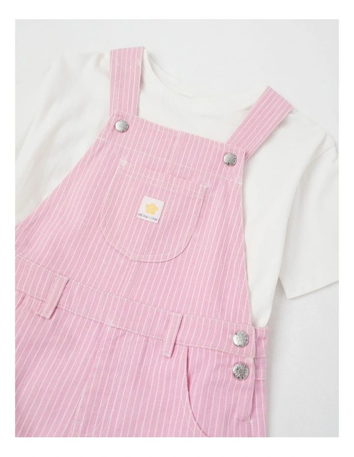 Dungeree Shorts With Badge Pocket & Tee in White/ Pink Ticking Stripe image 2