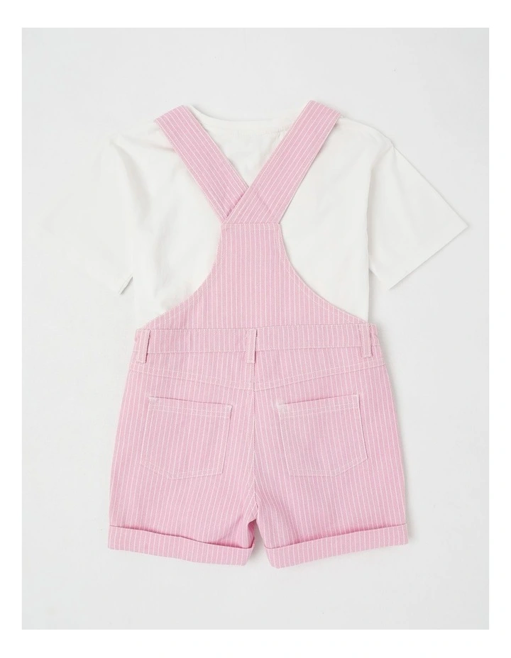 Dungeree Shorts With Badge Pocket & Tee in White/ Pink Ticking Stripe image 3