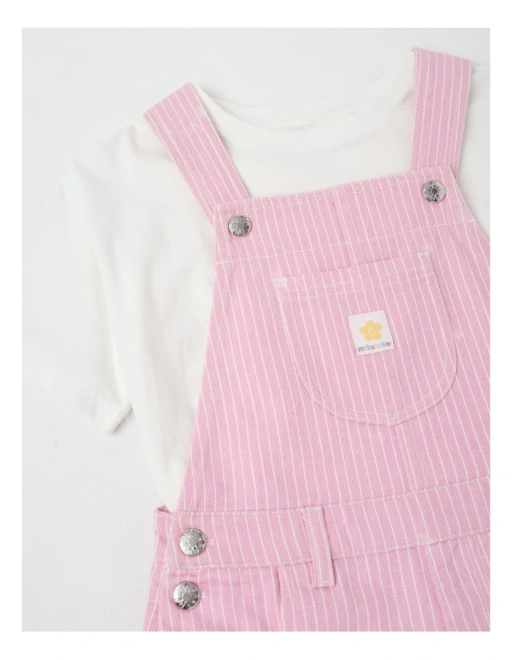 Dungeree Shorts With Badge Pocket & Tee in White/ Pink Ticking Stripe image 4