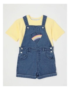 Dungeree Shorts With Rainbow Heart Pocket & Tee in Yellow/Mid Denim