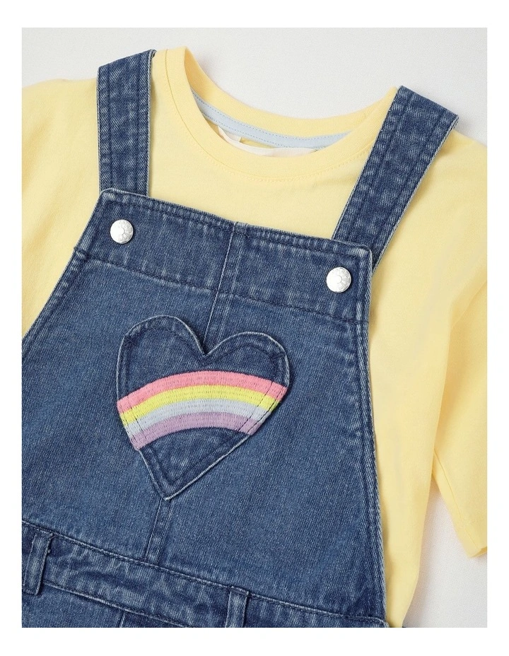 Dungeree Shorts With Rainbow Heart Pocket & Tee in Yellow/Mid Denim image 2