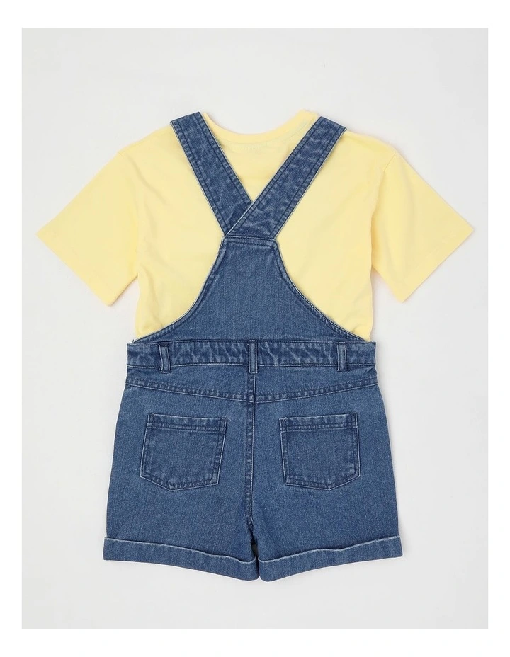 Dungeree Shorts With Rainbow Heart Pocket & Tee in Yellow/Mid Denim image 3