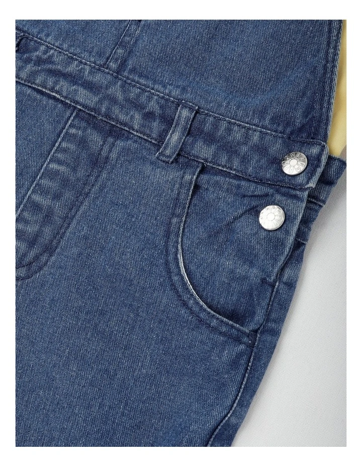 Dungeree Shorts With Rainbow Heart Pocket & Tee in Yellow/Mid Denim image 4