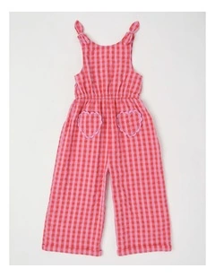 Tie Strap Playsuit With Shirred Back & Heart Pockets in Red Gingham