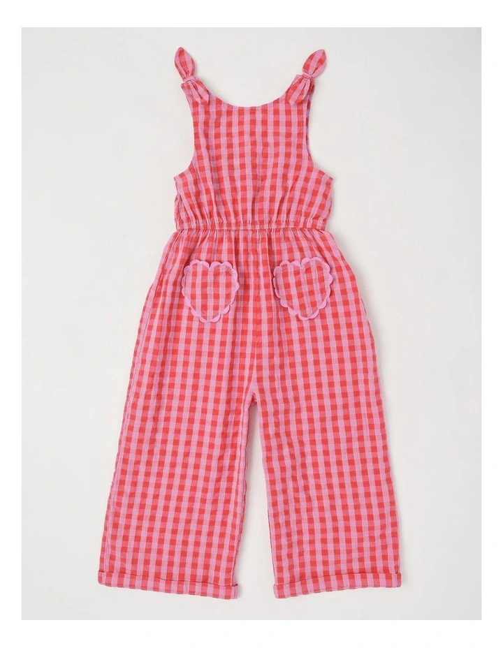 Tie Strap Playsuit With Shirred Back & Heart Pockets in Red Gingham image 1