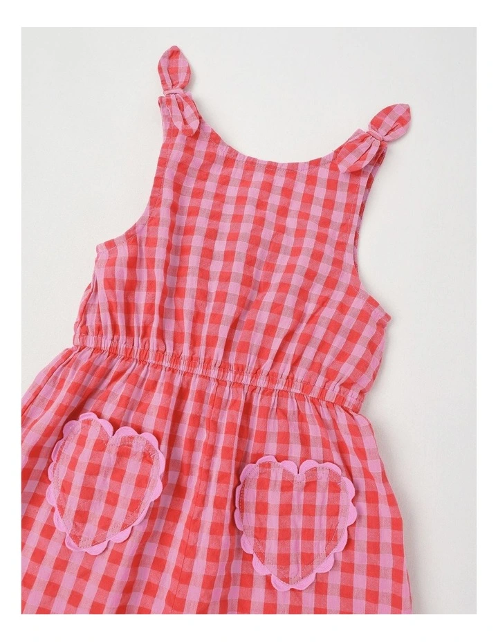Tie Strap Playsuit With Shirred Back & Heart Pockets in Red Gingham image 2