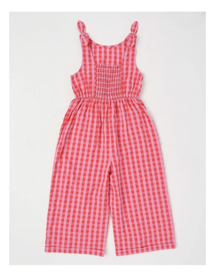 Tie Strap Playsuit With Shirred Back & Heart Pockets in Red Gingham image 3