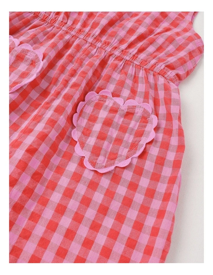 Tie Strap Playsuit With Shirred Back & Heart Pockets in Red Gingham image 4