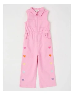 Sleeveless Denim Utility Playsuit With Heart in Pink
