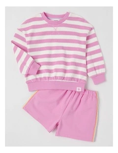 Long Sleeve Sweat Top & Short Set in Pink Stripe