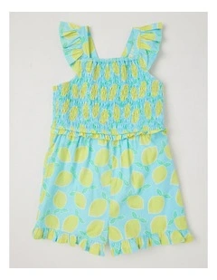 Short Sleeve Shirred Waist Playsuit With Flutter Sleeves in Lemon/Blue