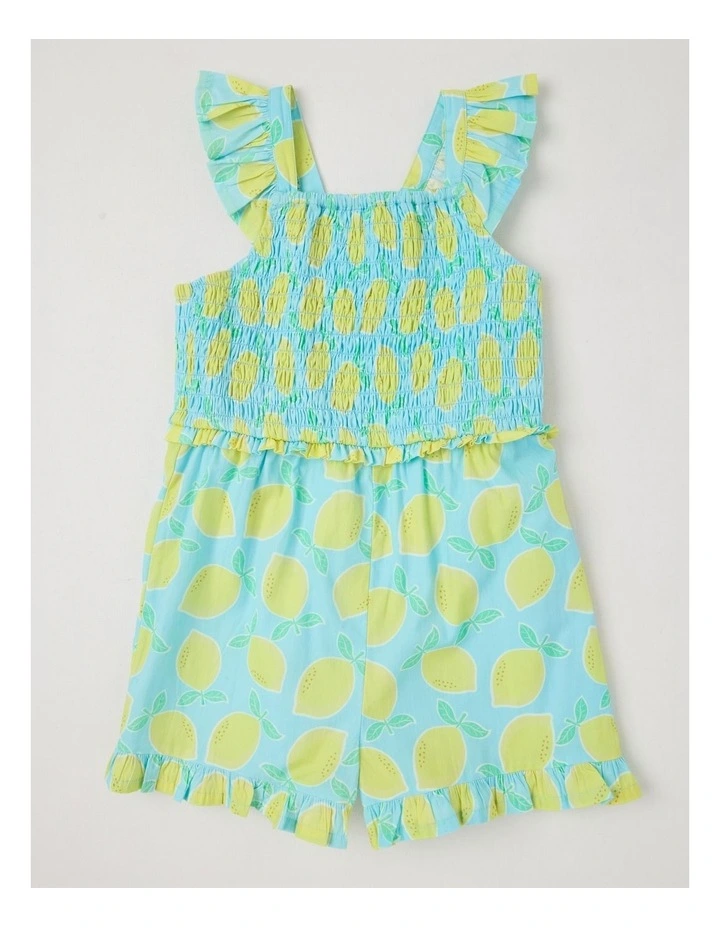 Short Sleeve Shirred Waist Playsuit With Flutter Sleeves in Lemon/Blue image 1