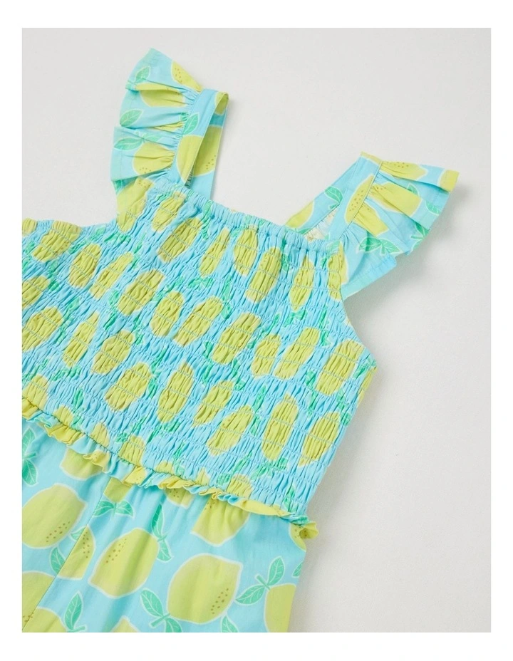 Short Sleeve Shirred Waist Playsuit With Flutter Sleeves in Lemon/Blue image 2