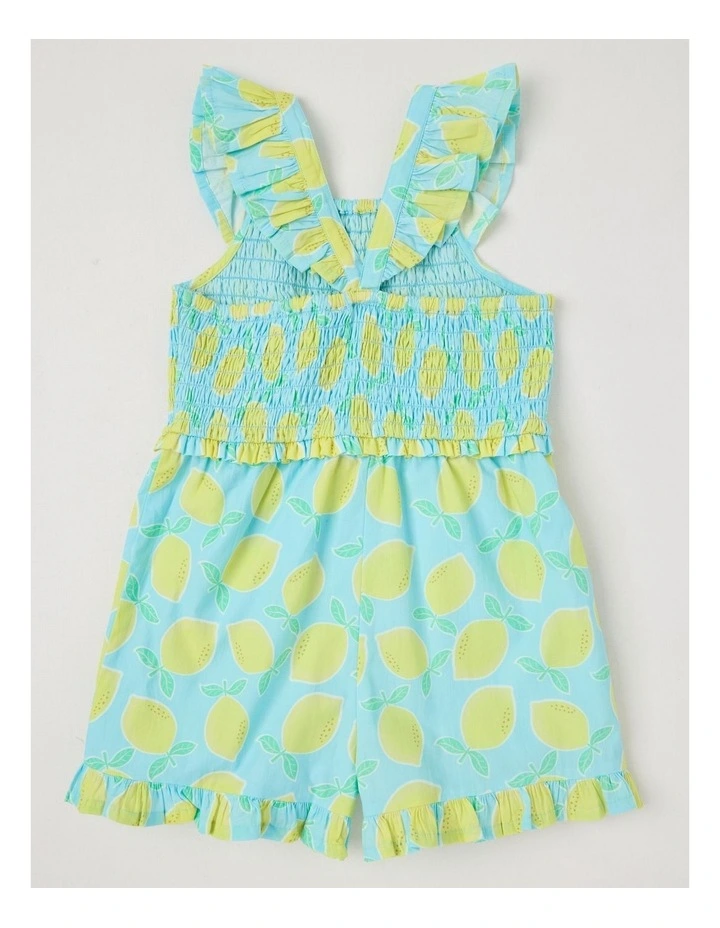 Short Sleeve Shirred Waist Playsuit With Flutter Sleeves in Lemon/Blue image 3