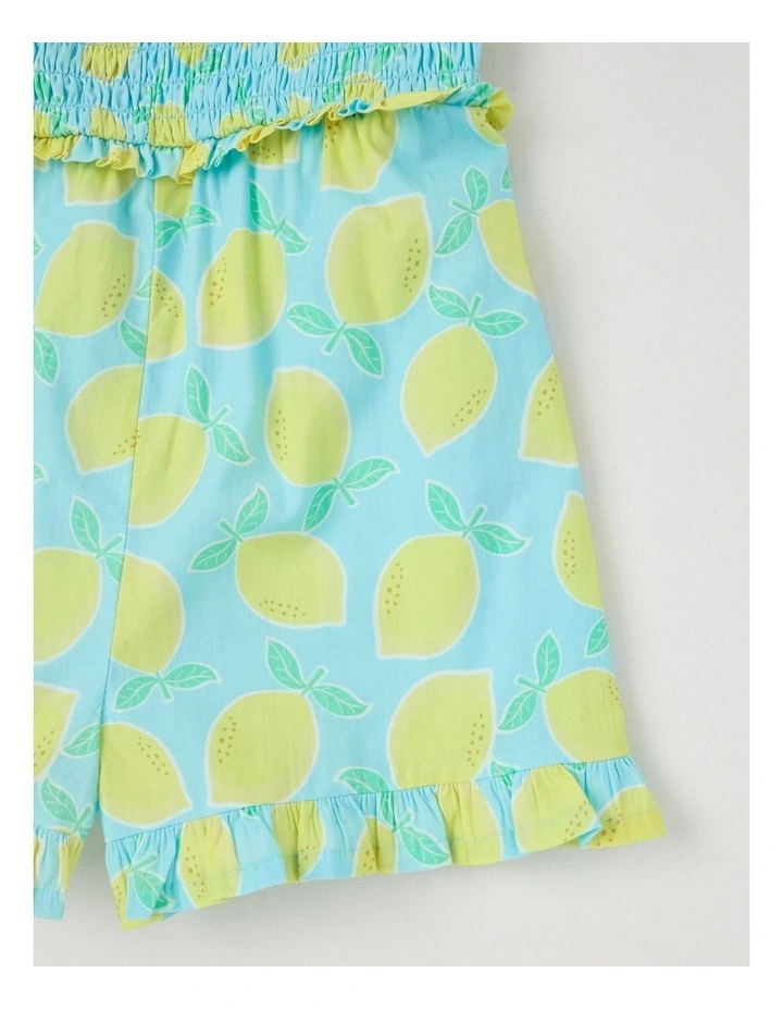 Short Sleeve Shirred Waist Playsuit With Flutter Sleeves in Lemon/Blue image 4