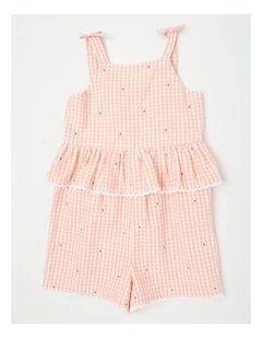 Sleeveless Gingham Playsuit With Scalloped Edge And Daisy Embroidery in Peach