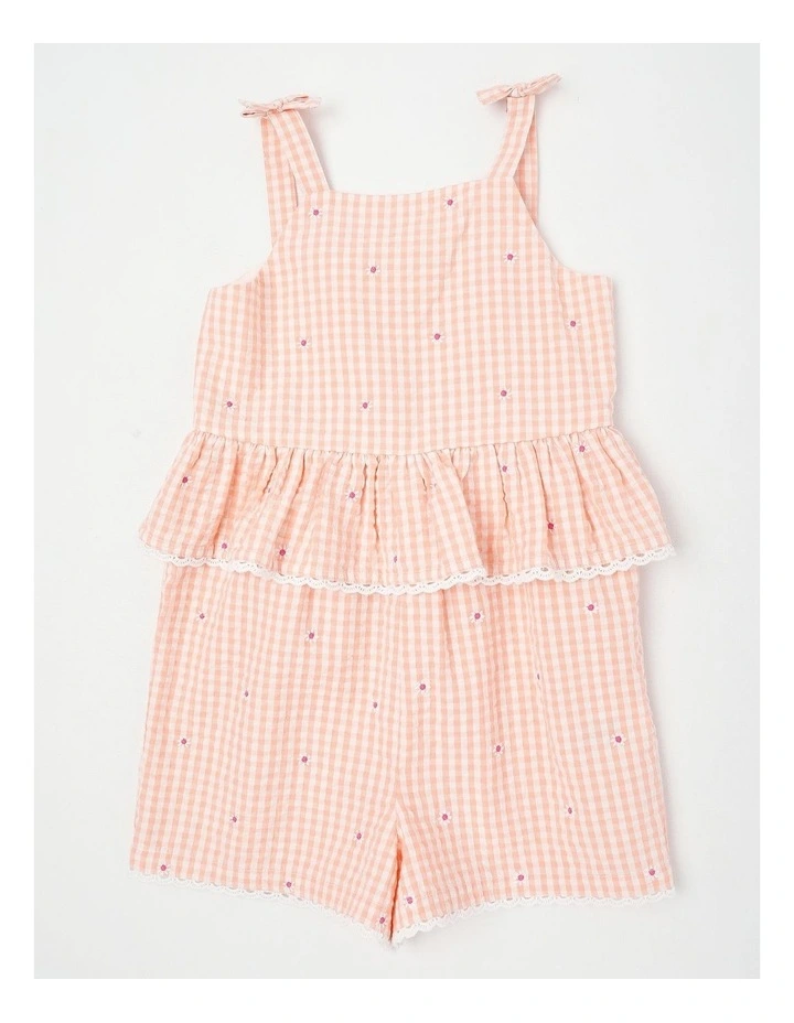 Sleeveless Gingham Playsuit With Scalloped Edge And Daisy Embroidery in Peach image 1